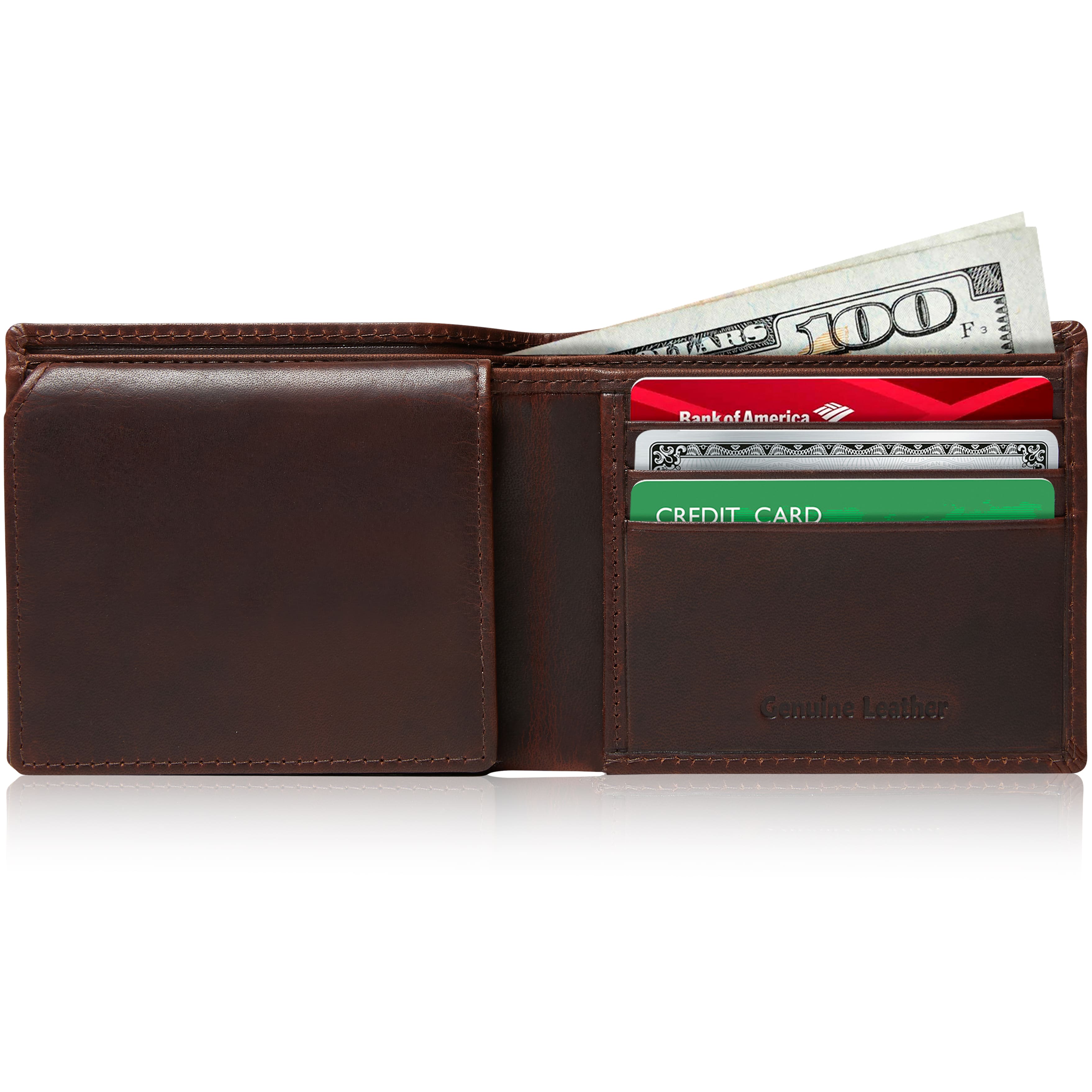 Full Grain Leather Bifold Wallet with Flip-Up ID
