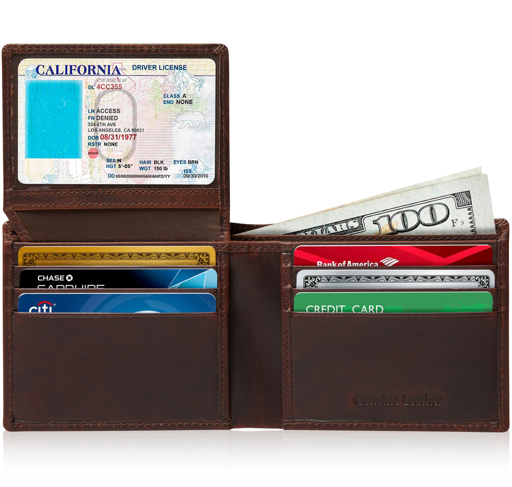 Full Grain Leather Bifold Wallet with Flip-Up ID