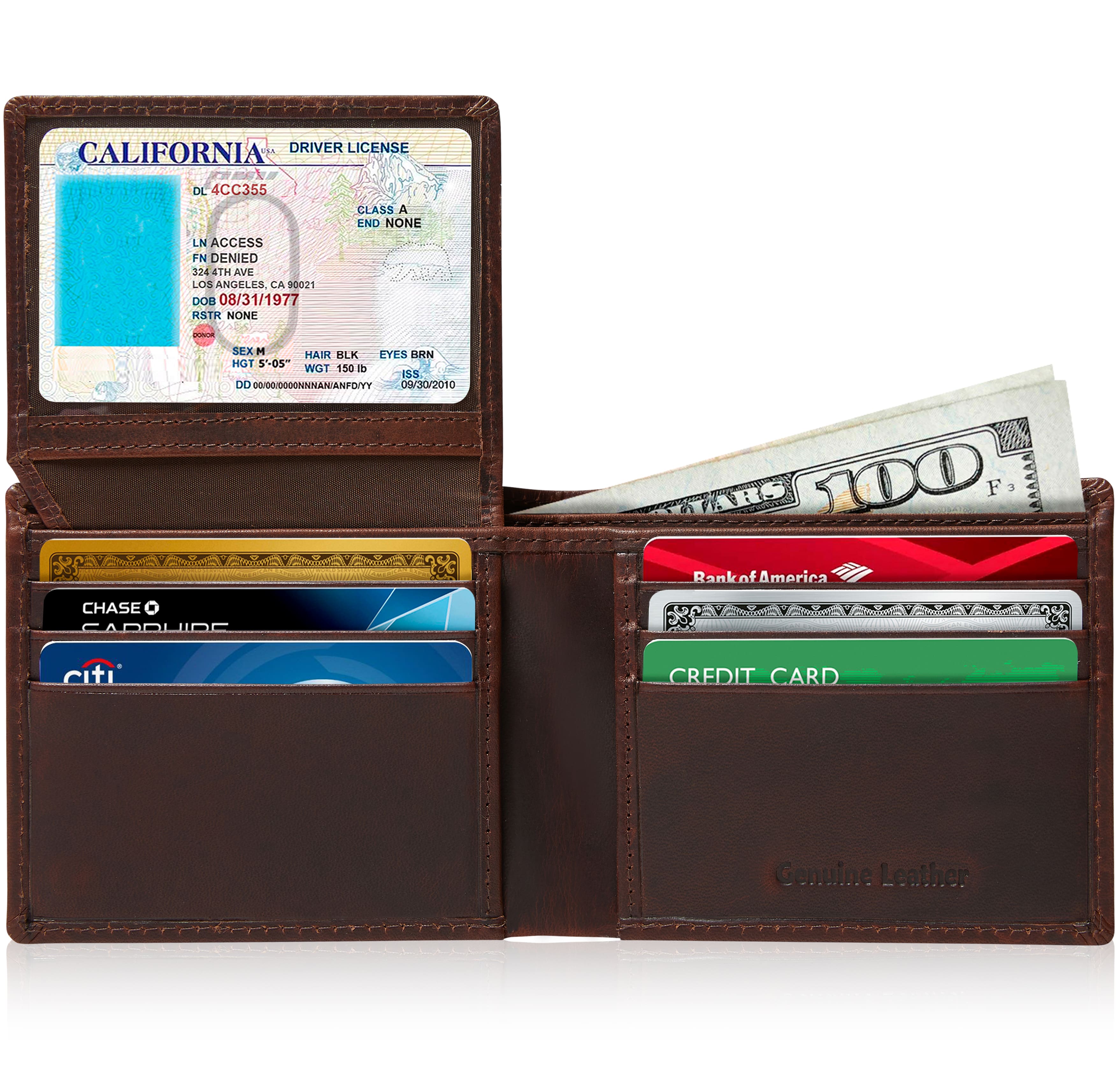 Full Grain Leather Bifold Wallet with Flip-Up ID