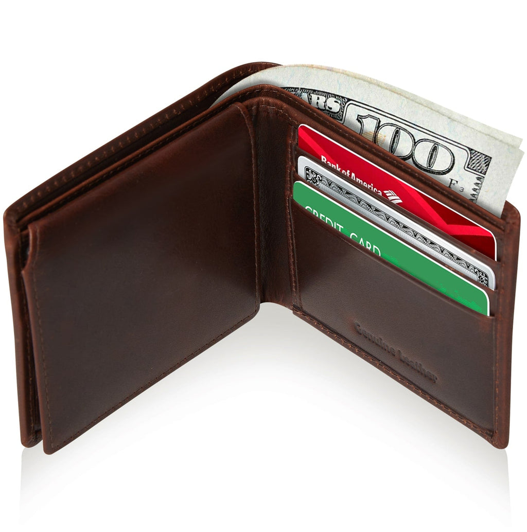 Full Grain Leather Bifold Wallet with Flip-Up ID