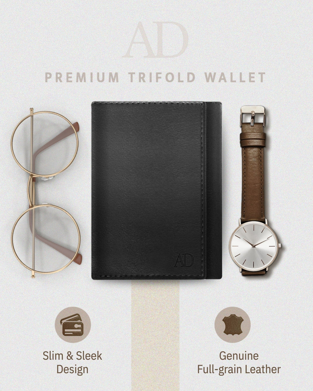 Full Grain Leather Trifold Wallet with ID Window