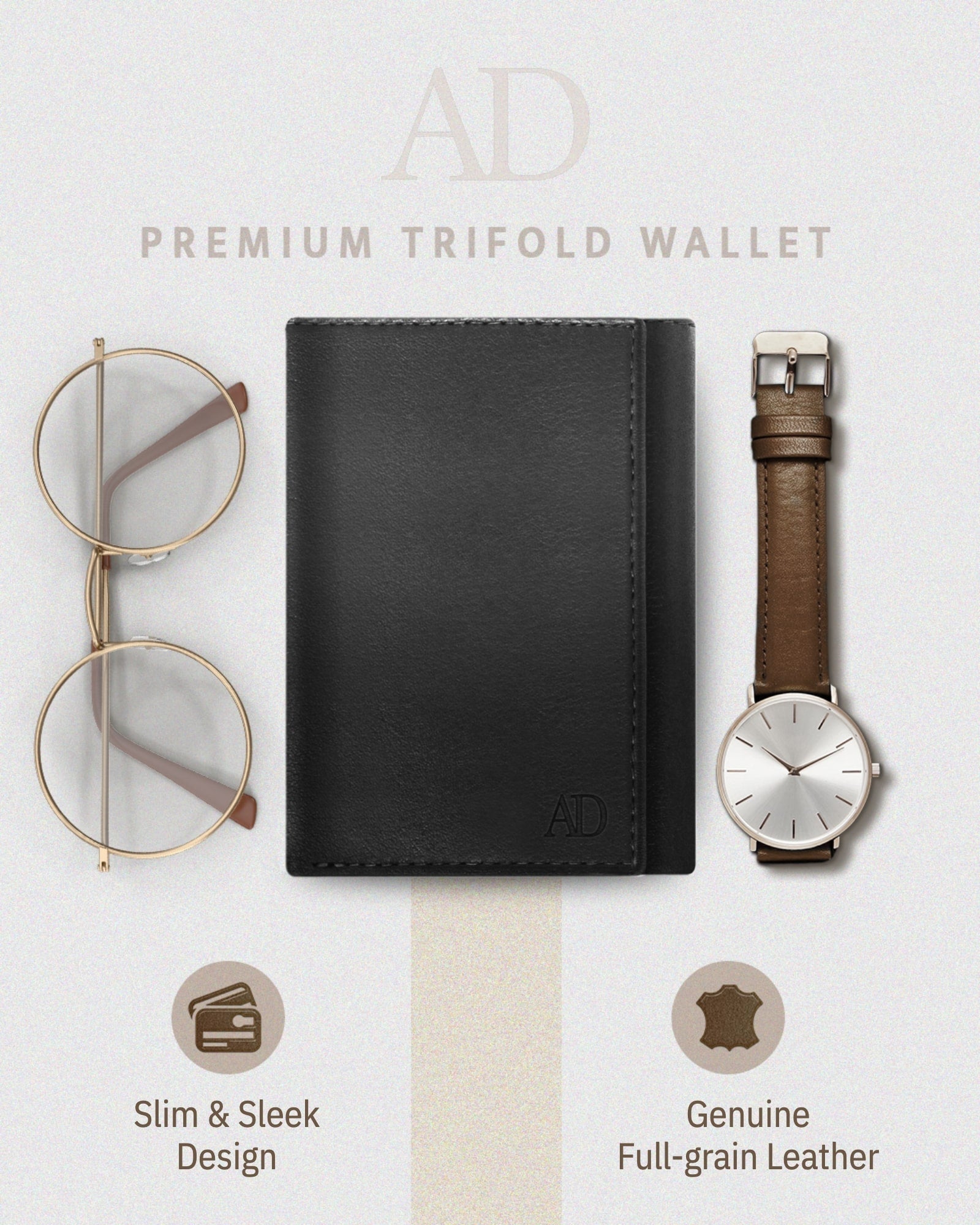 Full Grain Leather Trifold Wallet with ID Window