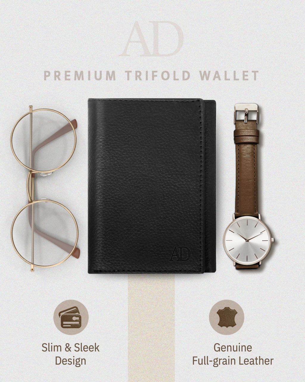 Full Grain Leather Trifold Wallet with ID Window