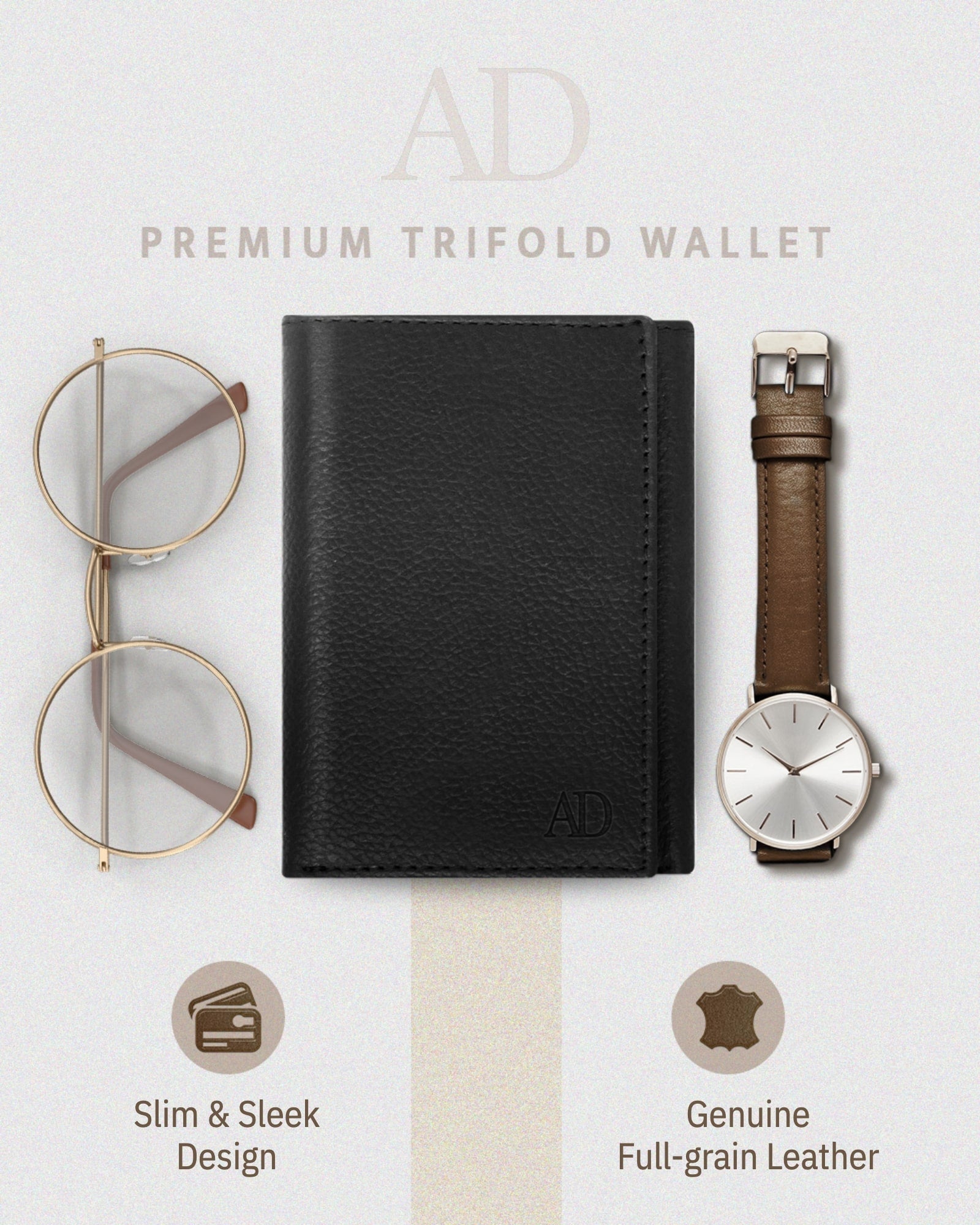 Full Grain Leather Trifold Wallet with ID Window