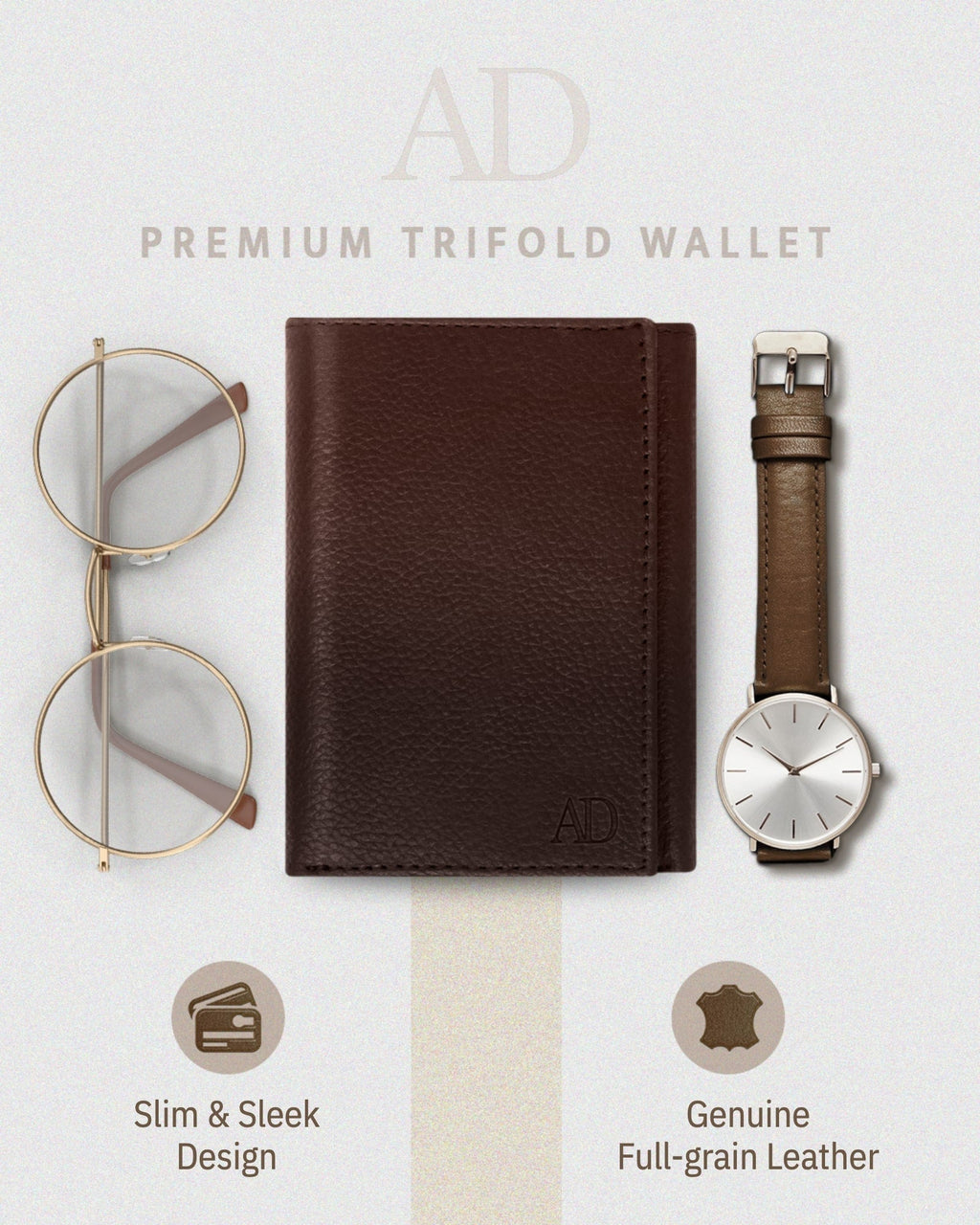 Full Grain Leather Trifold Wallet with ID Window