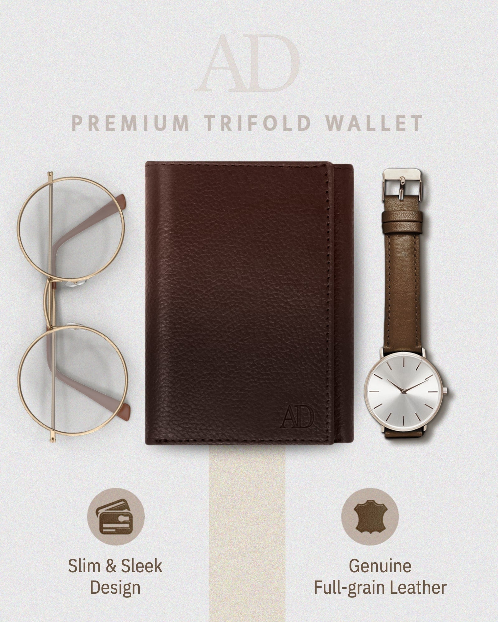Full Grain Leather Trifold Wallet with ID Window