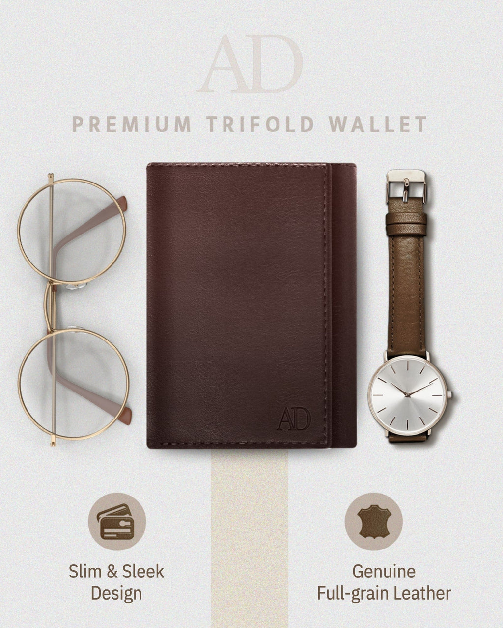 Full Grain Leather Trifold Wallet with ID Window