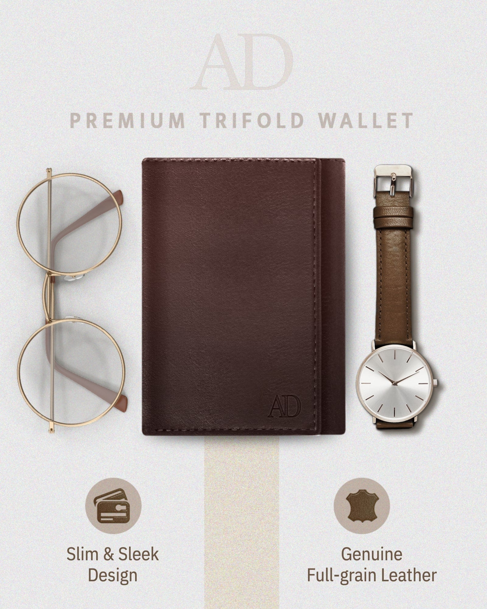 Full Grain Leather Trifold Wallet with ID Window