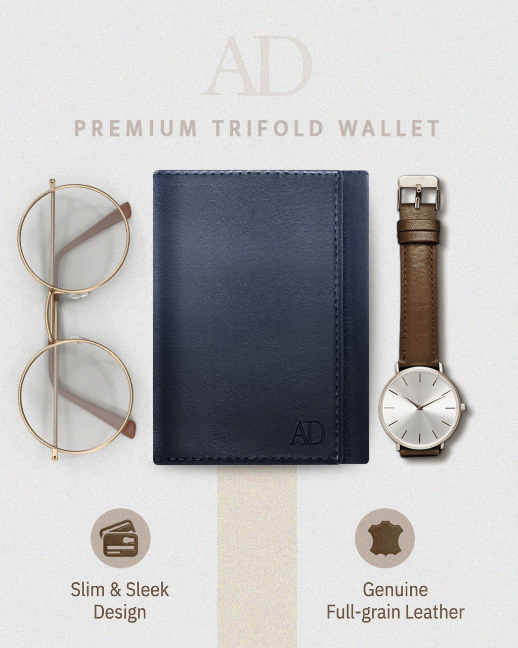 Full Grain Leather Trifold Wallet with ID Window