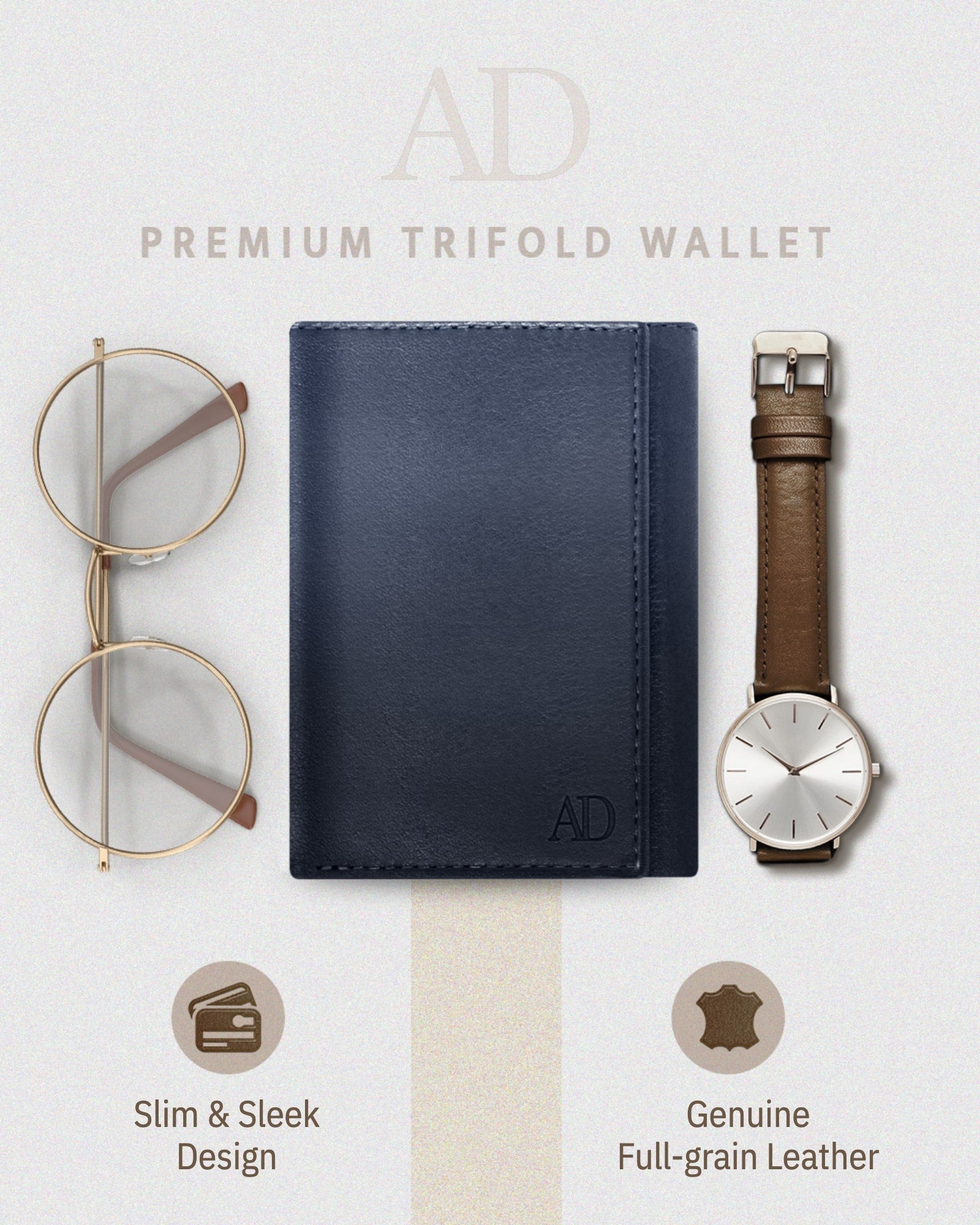 Full Grain Leather Trifold Wallet with ID Window