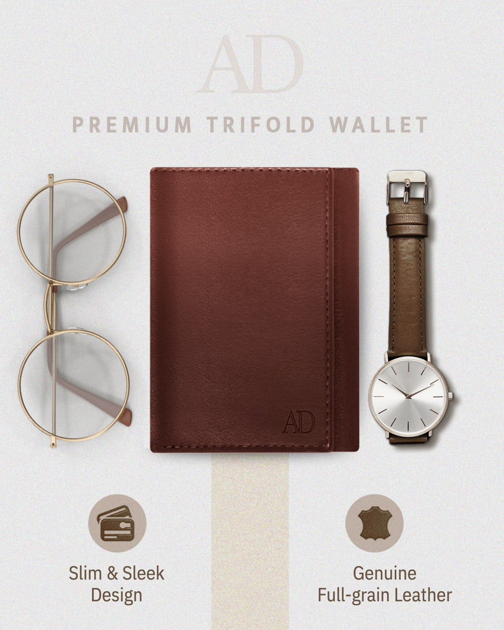 Full Grain Leather Trifold Wallet with ID Window