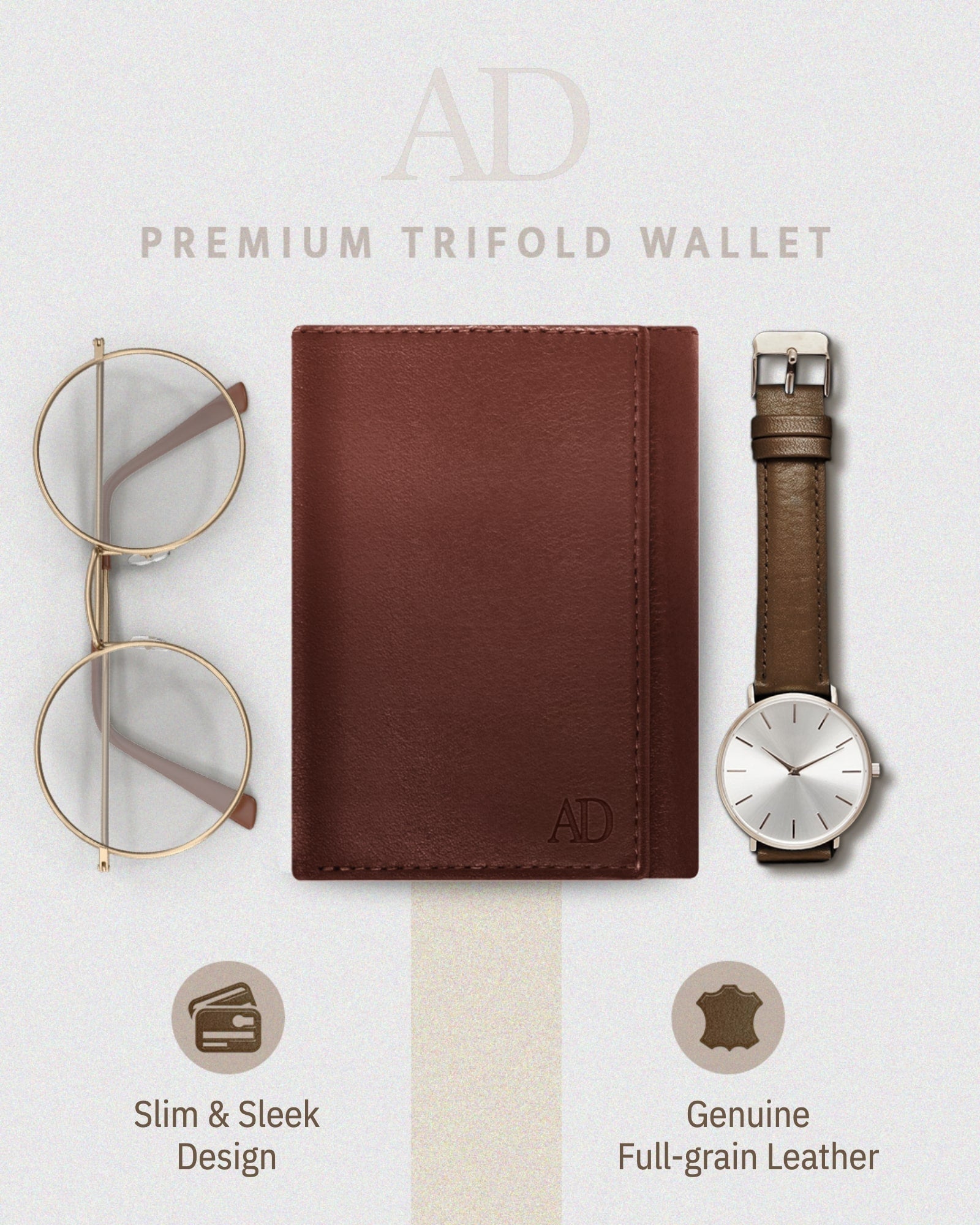 Full Grain Leather Trifold Wallet with ID Window