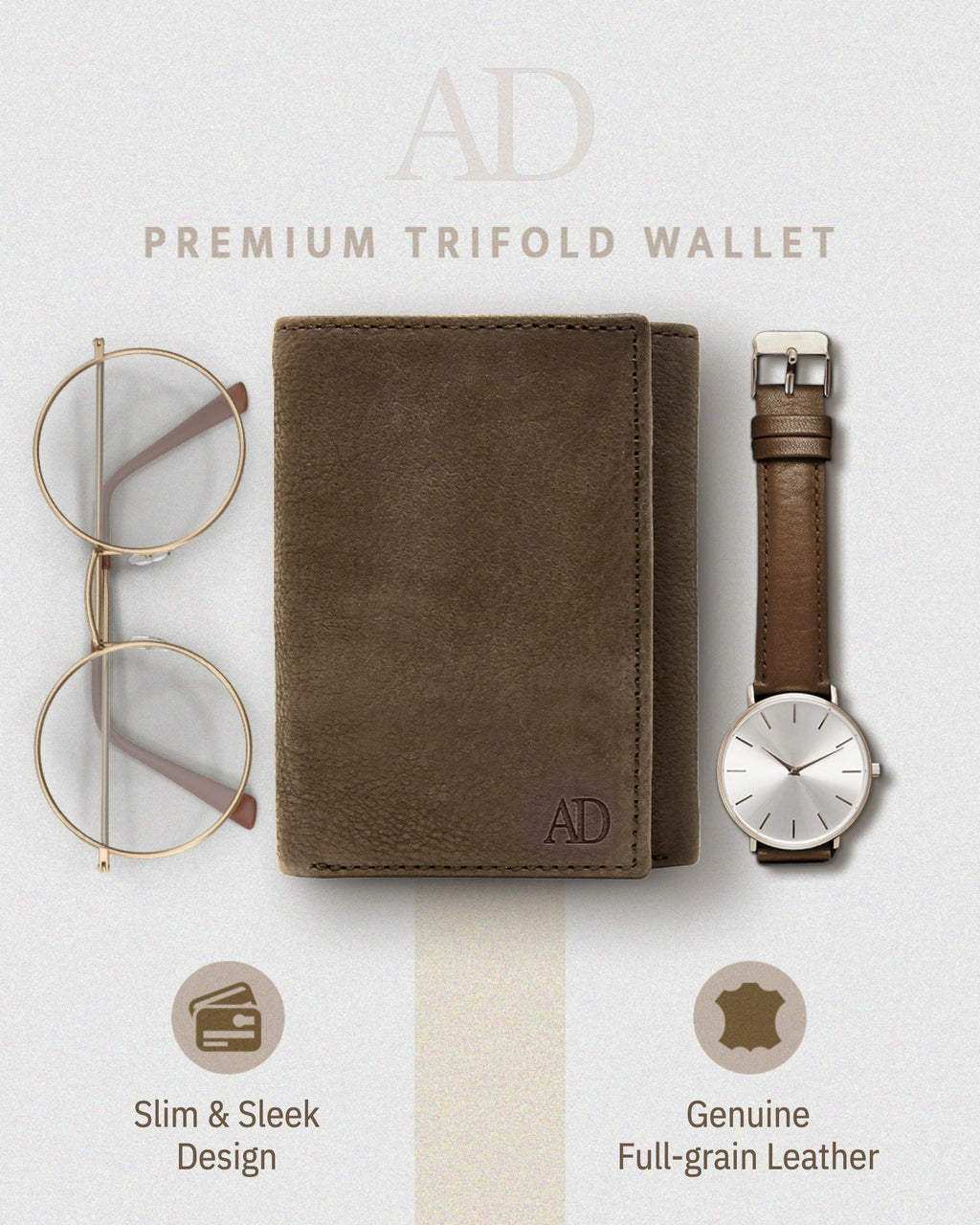 Full Grain Leather Trifold Wallet with ID Window