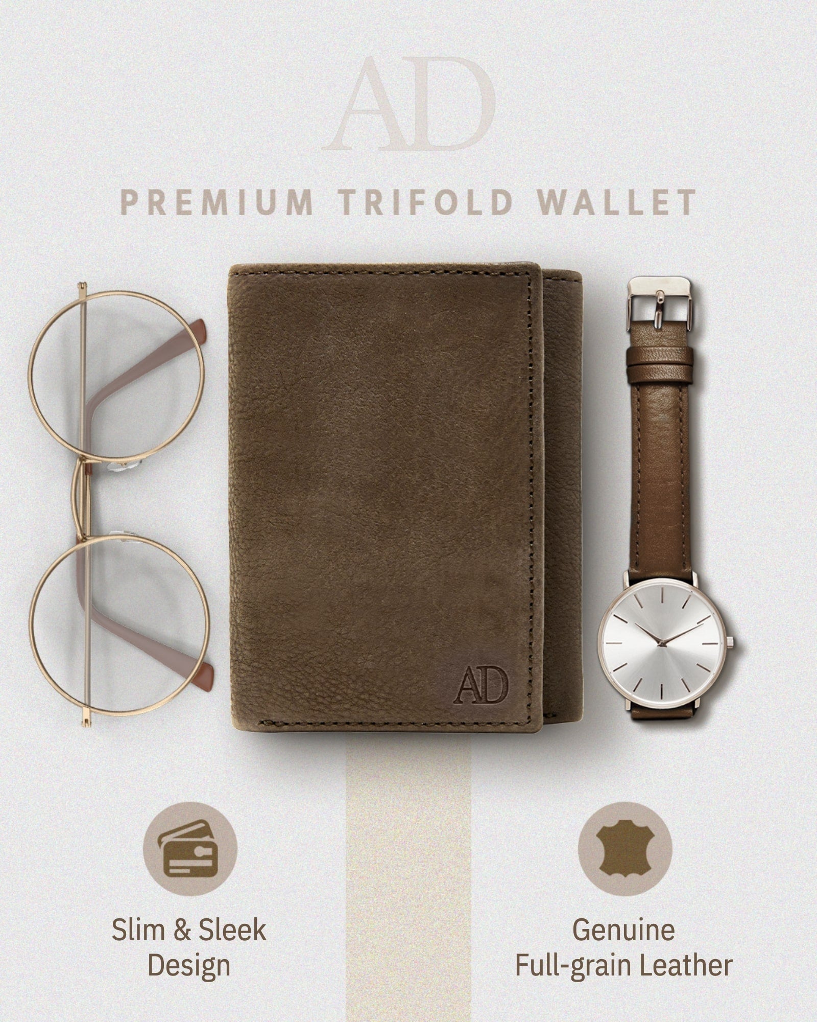 Full Grain Leather Trifold Wallet with ID Window