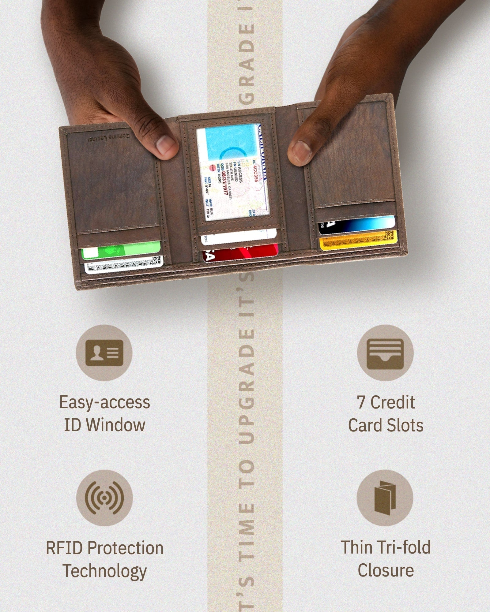 Full Grain Leather Trifold Wallet with ID Window