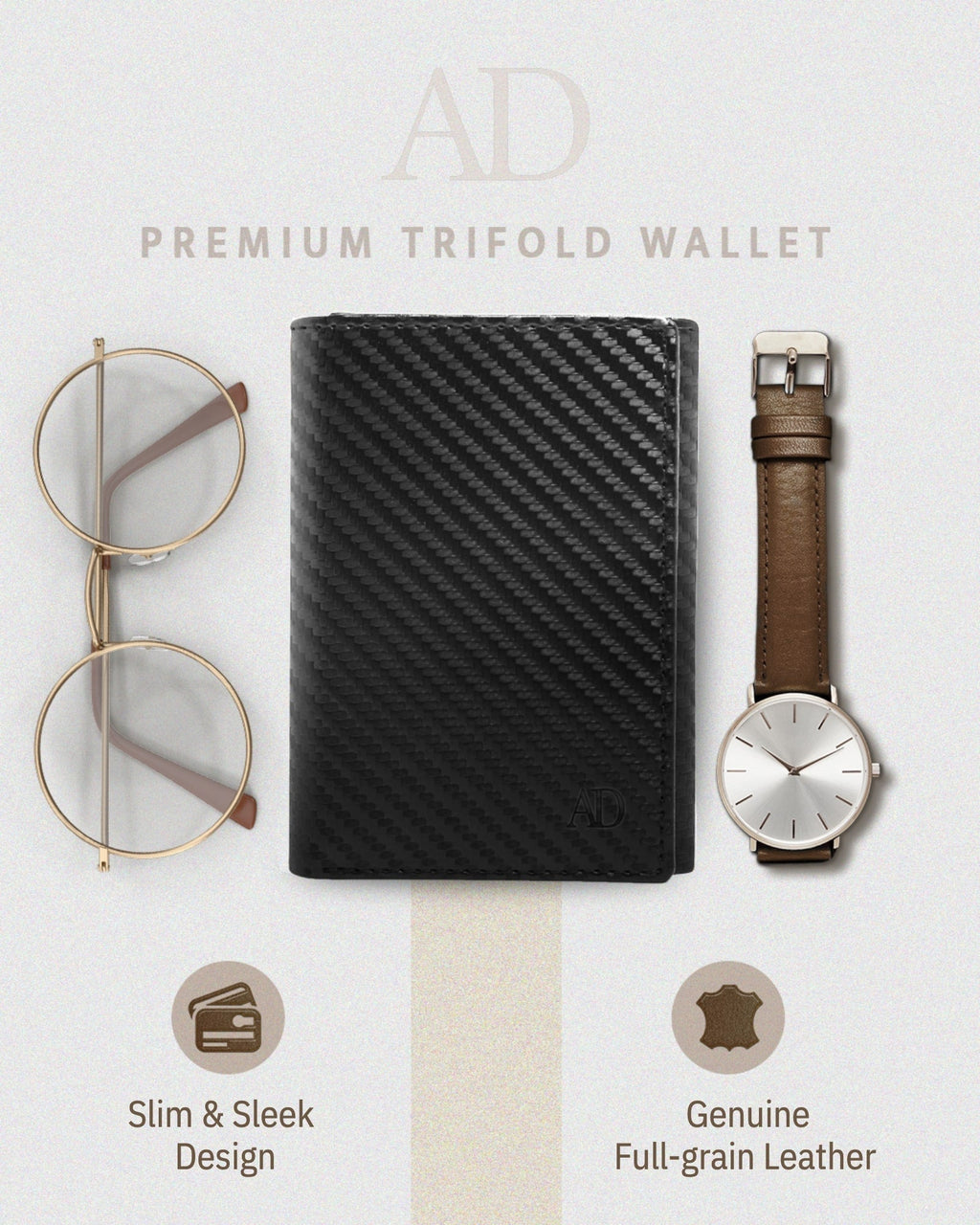 Full Grain Leather Trifold Wallet with ID Window