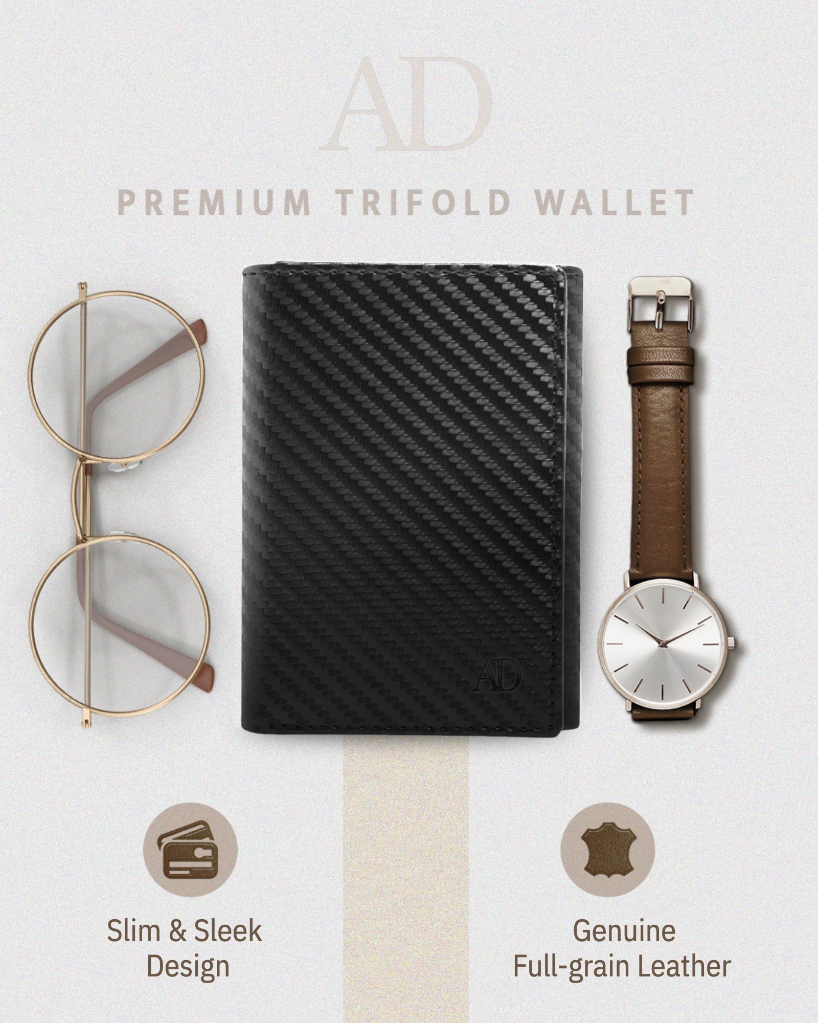 Full Grain Leather Trifold Wallet with ID Window