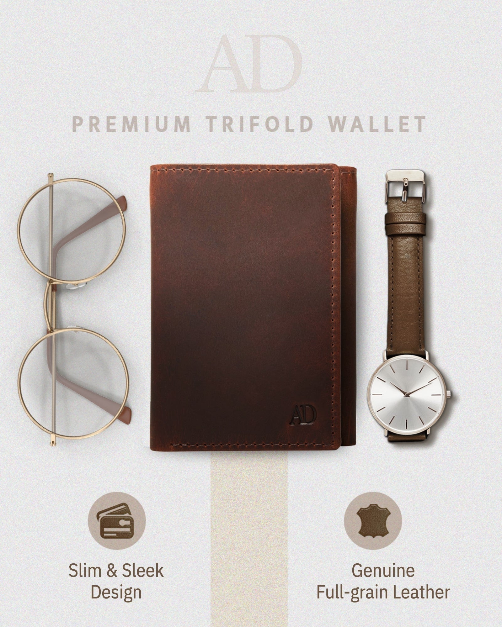 Full Grain Leather Trifold Wallet with ID Window