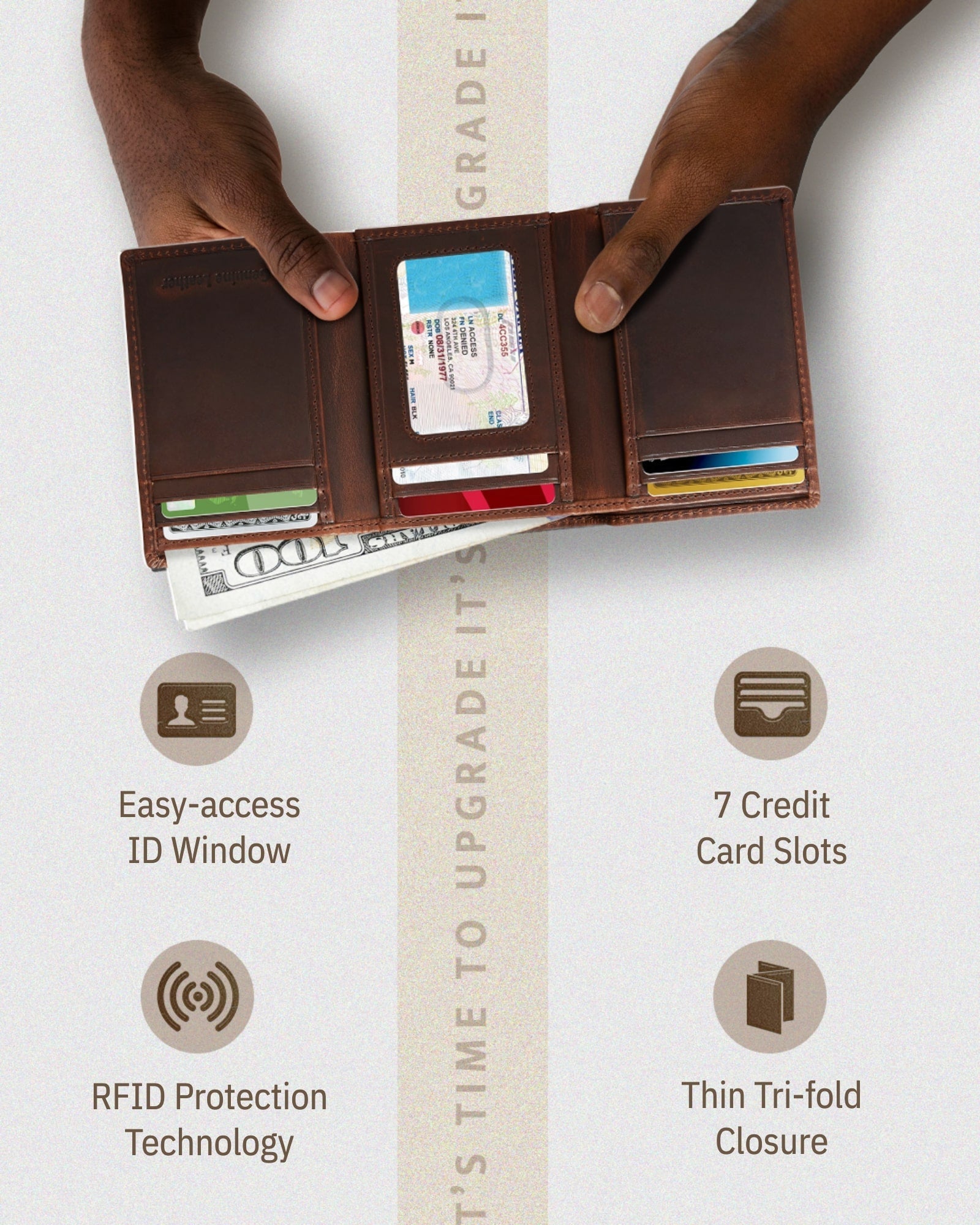 Full Grain Leather Trifold Wallet with ID Window