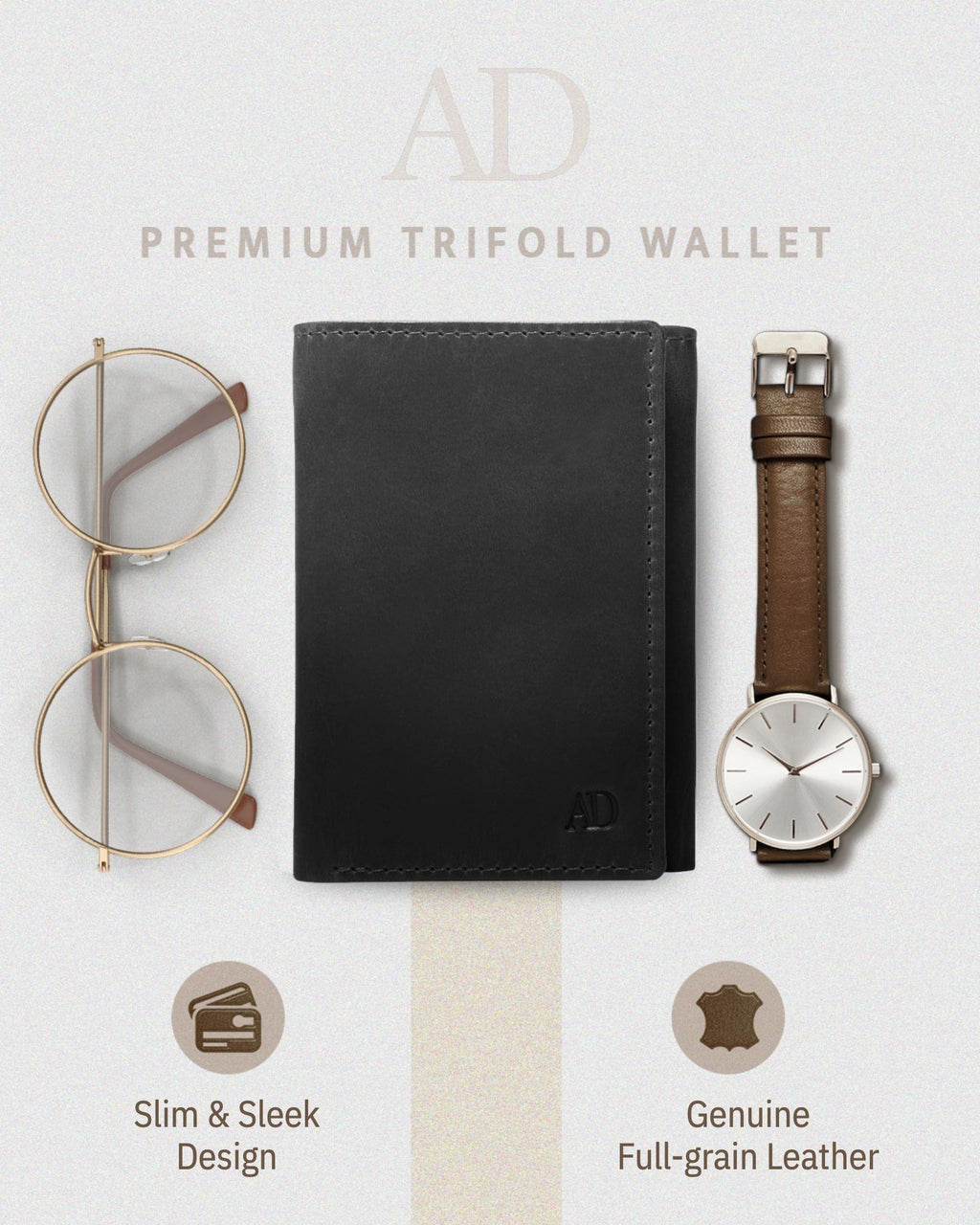 Full Grain Leather Trifold Wallet with ID Window