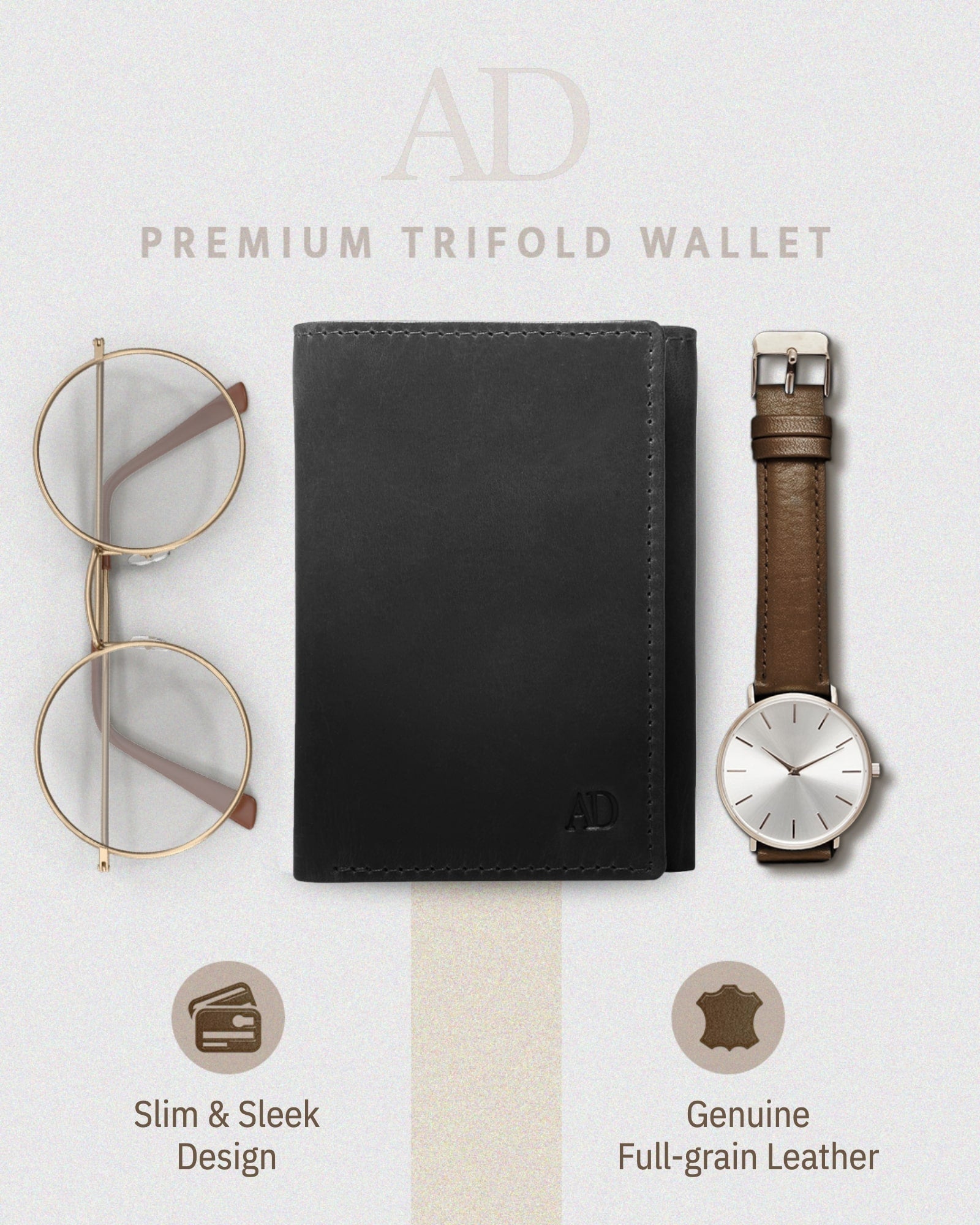 Full Grain Leather Trifold Wallet with ID Window